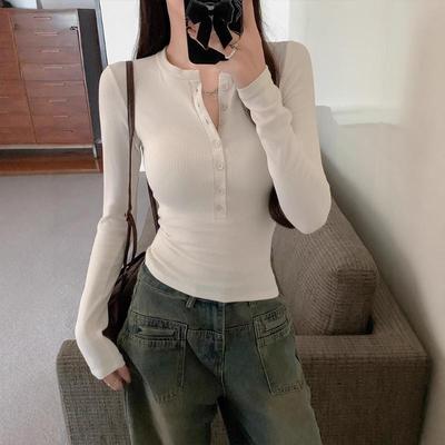 Women's Navy Blue Ribbed Knit Henley Neck Slim Long-Sleeve Patchwork Top
