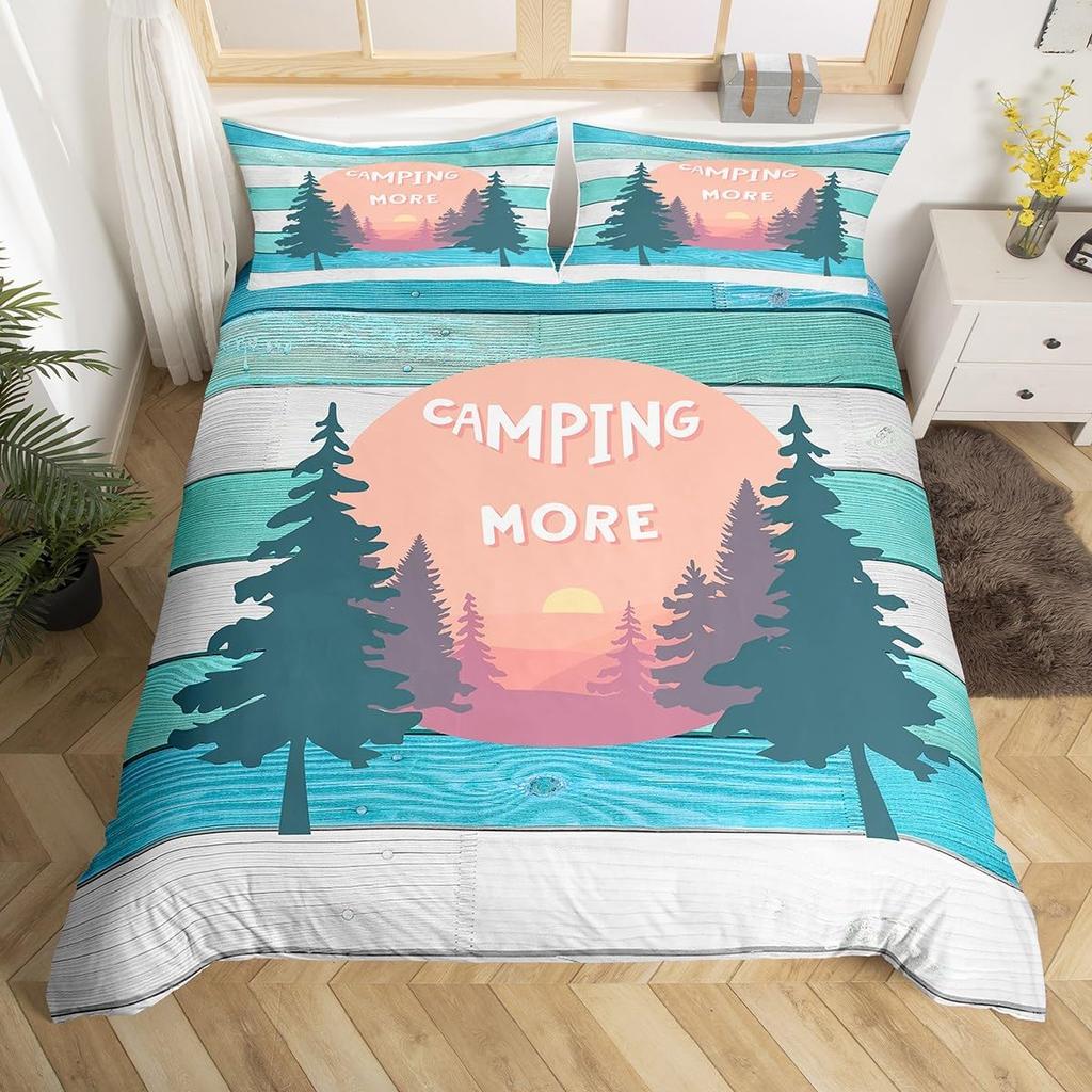 Handbemalte Bergdeko Bettbezug-Set Queen King Size Happy Camping Kinderbettwäsche für Jungen Mädchen 3-teilig mit 2 Kissenbezügen