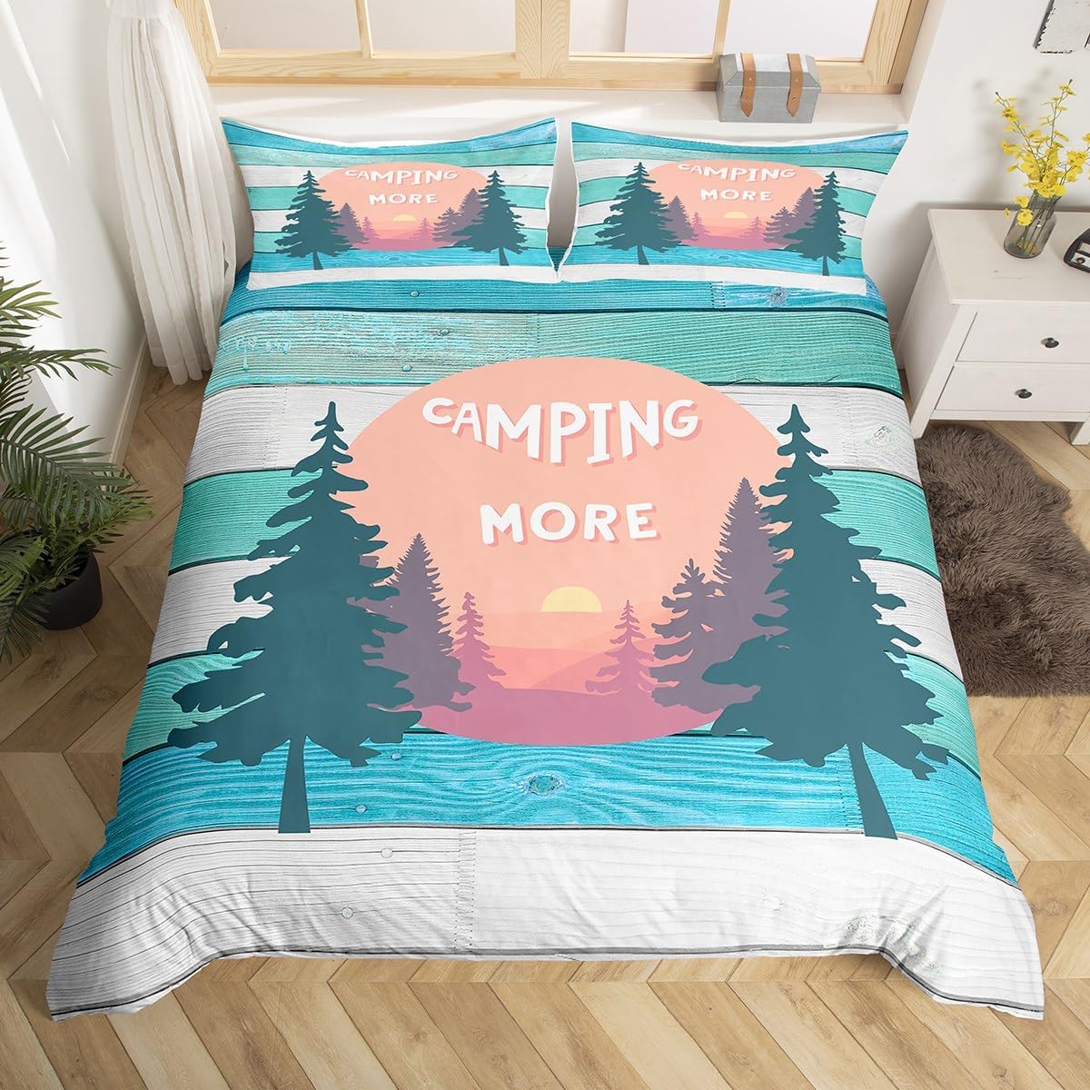 

Hand Painted Mountain Decor Duvet Cover Set Queen King Size Happy Camping Kids Bedding For Boys Girls 3 Pcs With 2 Pillowcases EU Single(135x200cm)
