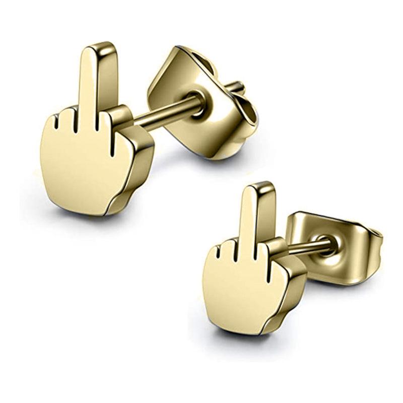 New Creative Personality One-finger Salute Stud Earrings for Men Women Simple Stainless Steel Middle Finger Piercing Zircon золотой