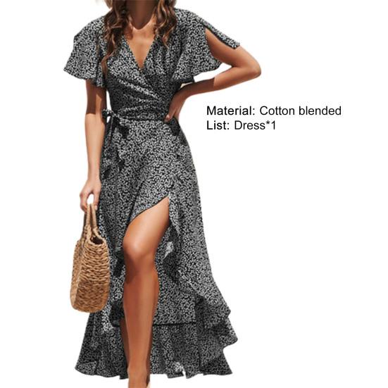 Women Dress Ruffles V-Neck Comfy Ankle-Length Wrap Women Dress for Summer