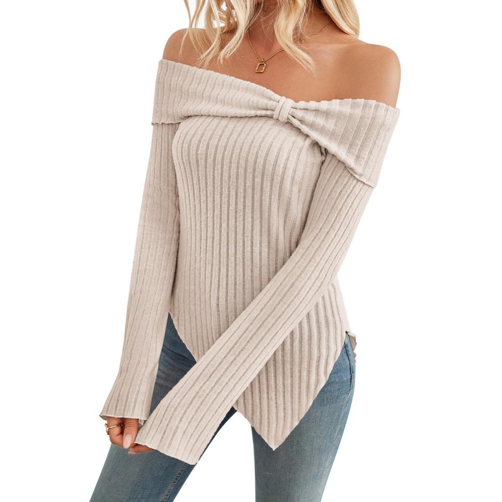 Women's Pullovers & Long Sleeves - Fall Winter Women's Fashion Off-shoulder Slim Fit Slit T-shirt Leisure Europe America
