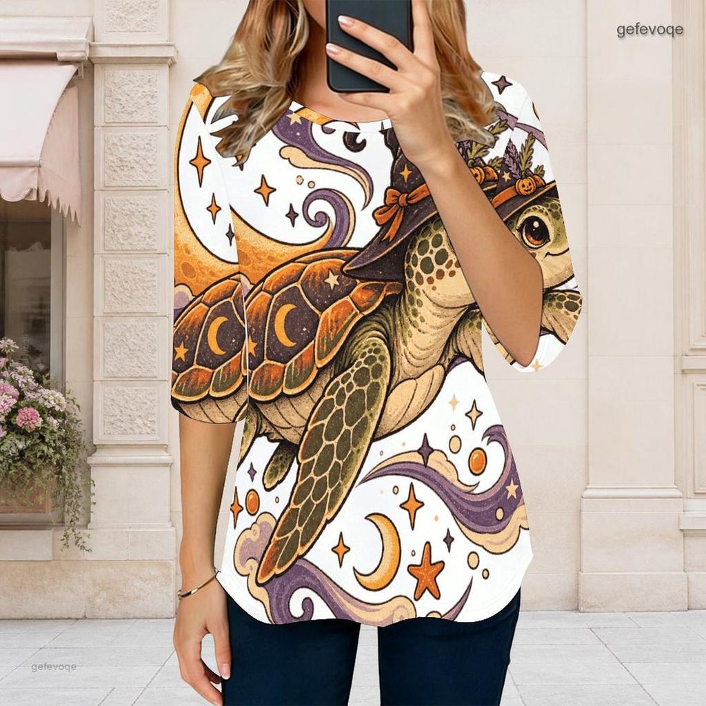 Women Plus Size Round Neck 3 4 Sleeve Printed T Shirt Black Cartoon Stationery Curved Hem