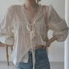 Korean Chic V-Neck Pleated Lace Splicing Long-Sleeve Shirt