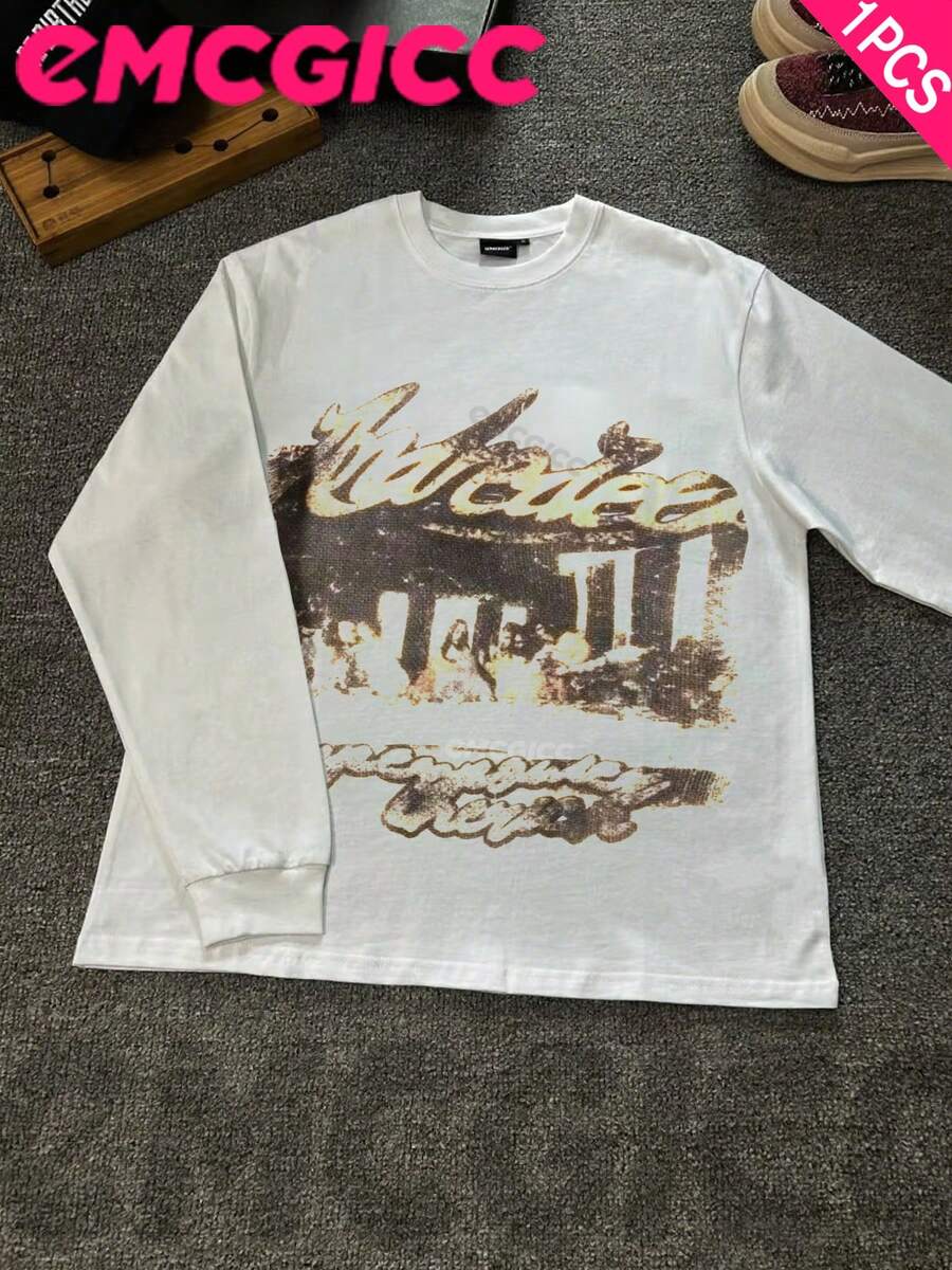 EMCGICC Men Y2K 250g Cotton Graphic Long Sleeve T-Shirt Hip Hop Streetwear S