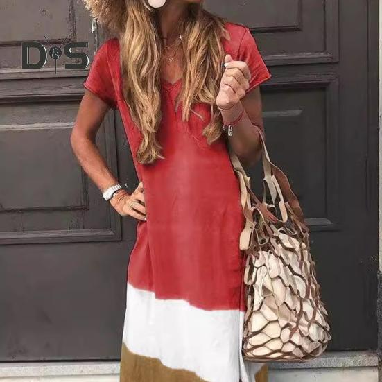 Women's Summer Long Dress Patchwork V-Neck Loose Maxi Dress Casual Short Sleeve Beach Vacation Sundress