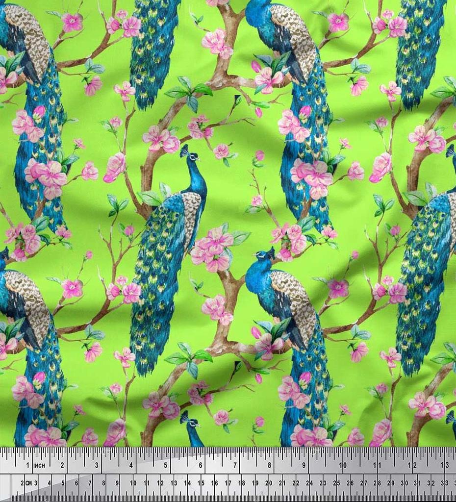 Soimoi Black Poly Crepe Fabric Pink Flower|Branch & Peacock Bird Print Fabric by the Yard 42 Inch