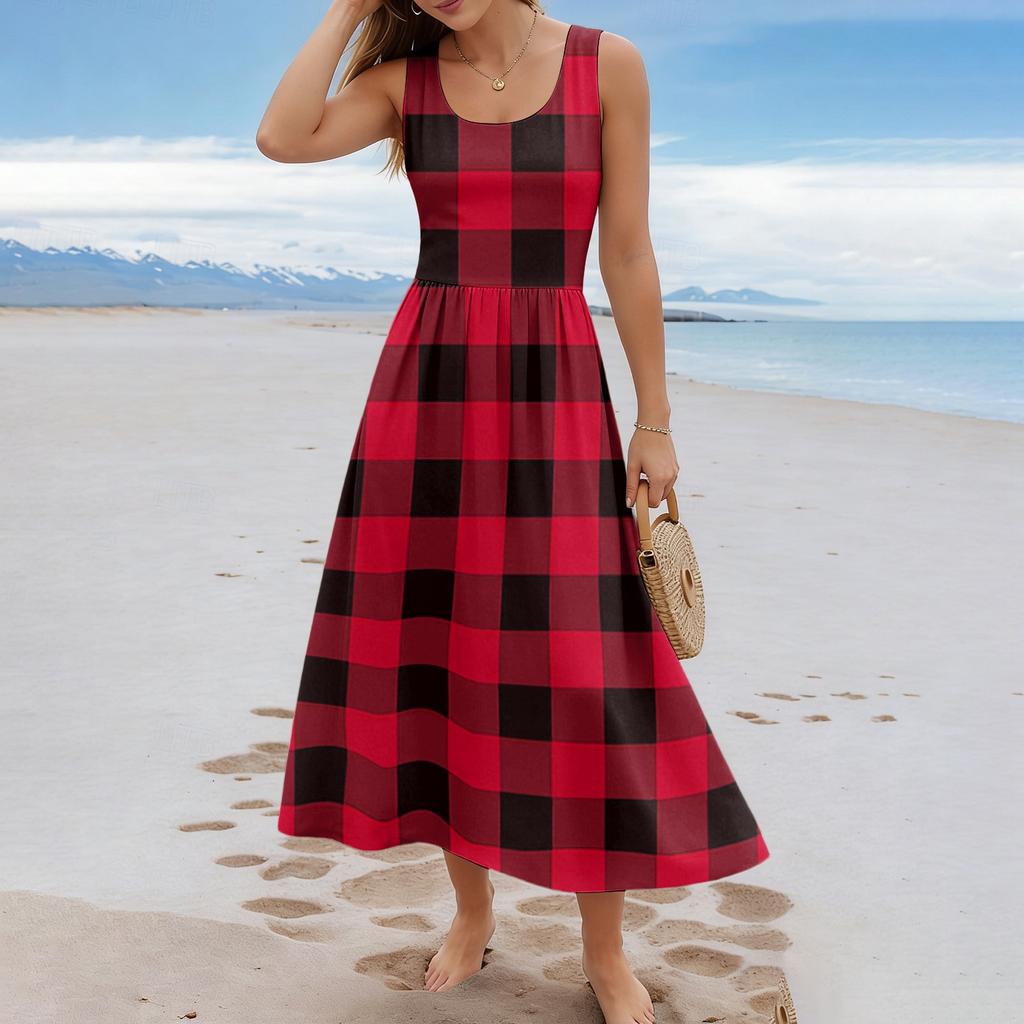 Ladies' Checkered Summer Casual and Fashionable Sleeveless Long Dress