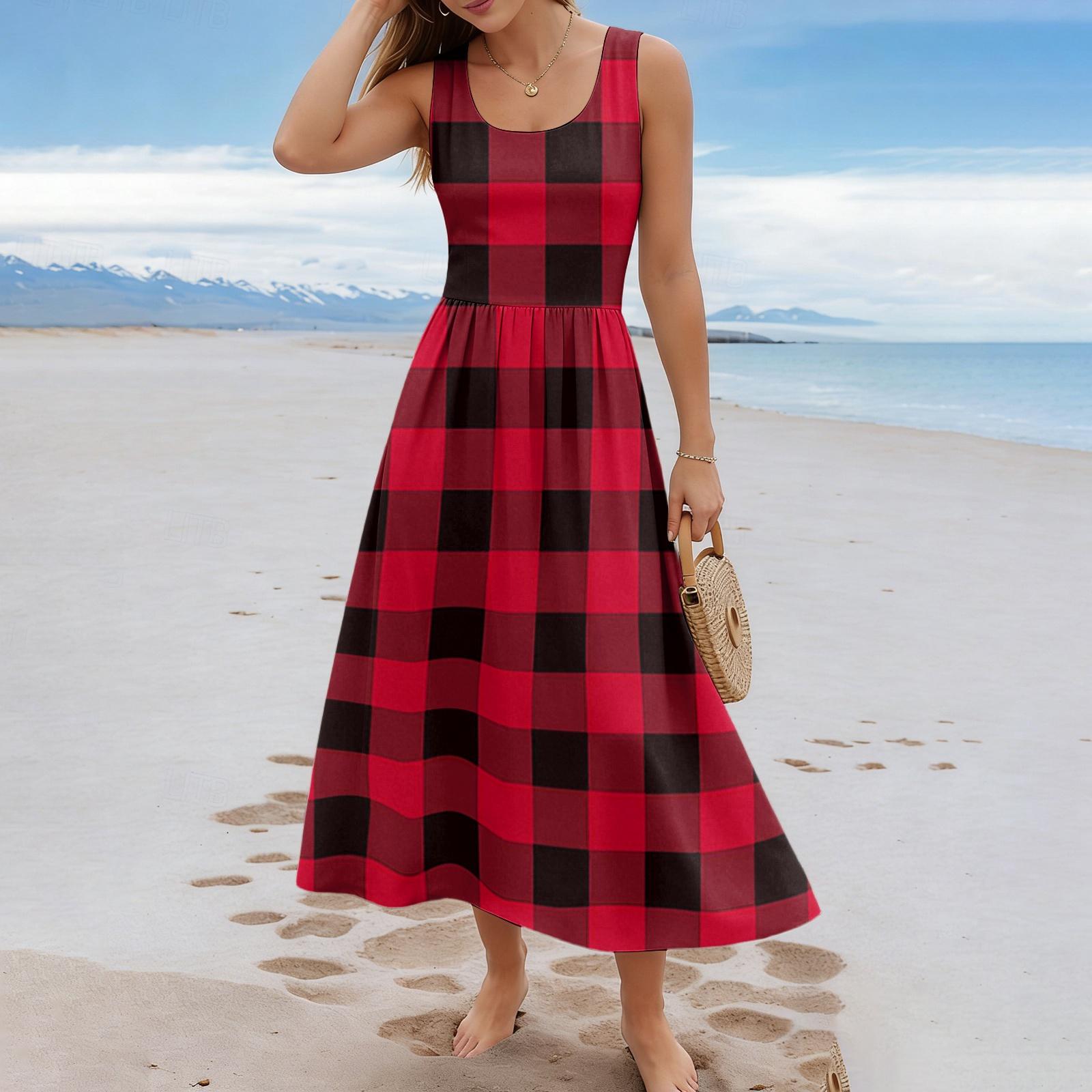 

Ladies checkered summer casual and fashionable sleeveless long dress XL винний