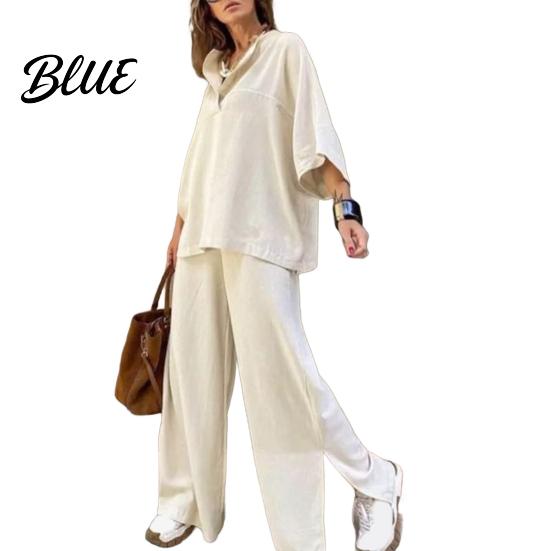 Comfortable Polyester Outfit Women's Two-Piece Oversized 3/4 Sleeve Pullover Top And Autumn Fashion Set Wide Leg Pants Fall Casual Loose Lounge