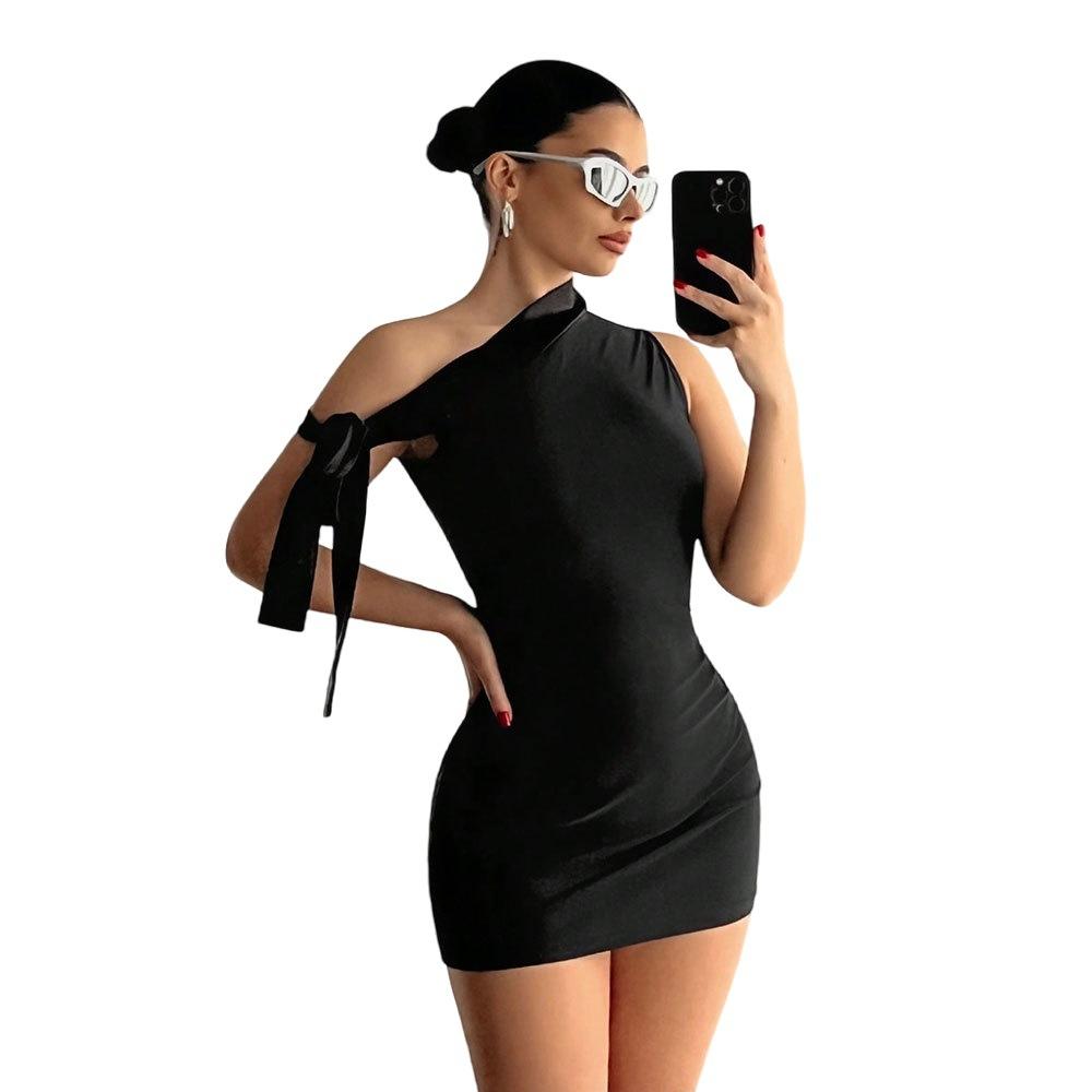 New Summer Women's Solid Color Sexy Slant Shoulder Comfortable Bodycon Sleeveless Hug Dress