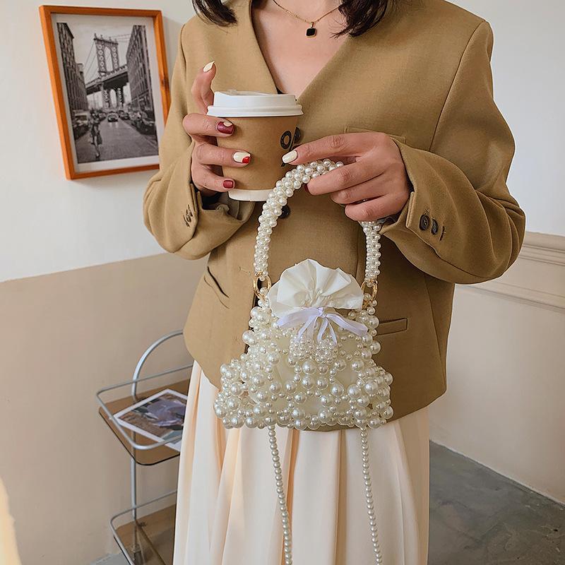 Exquisite foreign style handmade imitation pearl weave beaded women's small square bag new cute one-shoulder crossbody bag