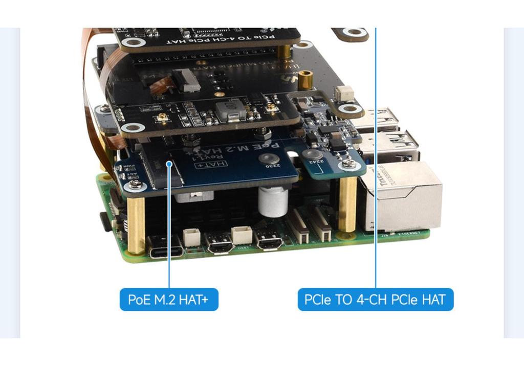 Raspberry Pi 5 Stackable Four-Channel PCIe FFC Expansion Board for Multiple HAT Modules