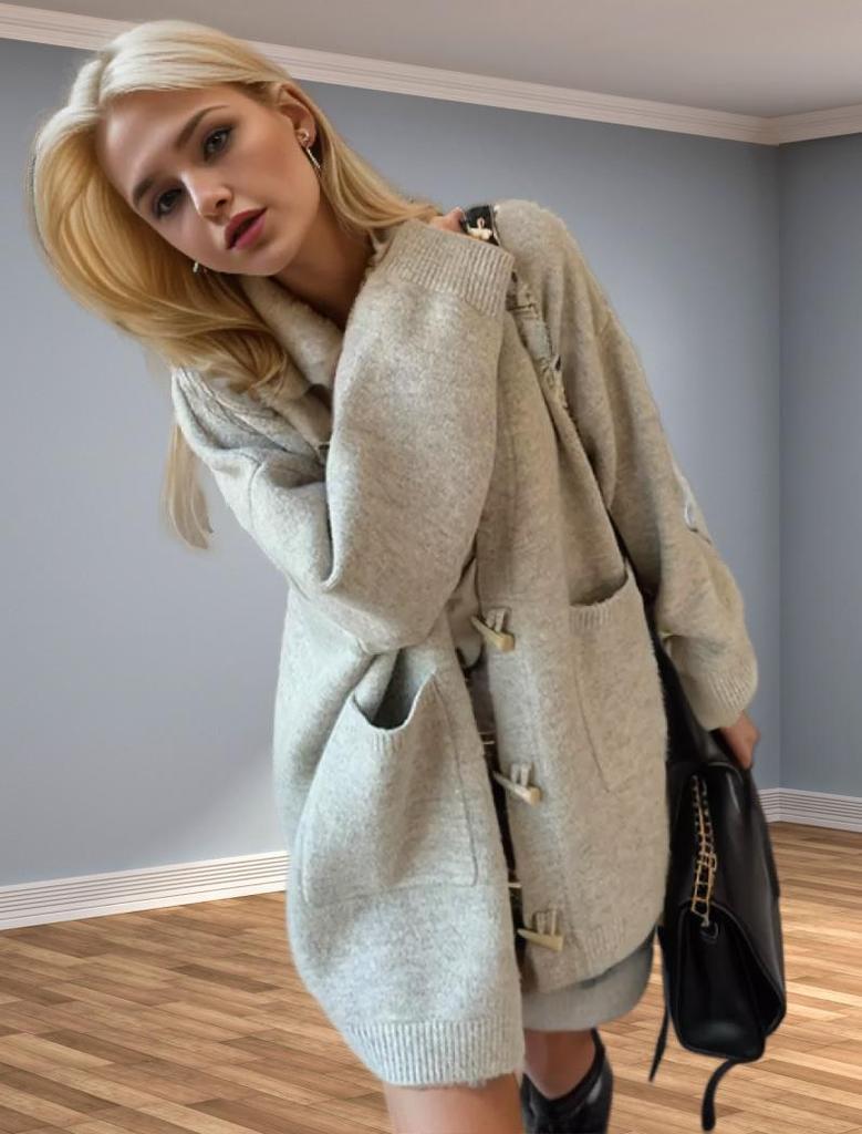 Damen Übergröße Hornknebel Strickjacke - 2024 Herbst/Winter Lockerer Oberbekleidungs Pullover Mantel