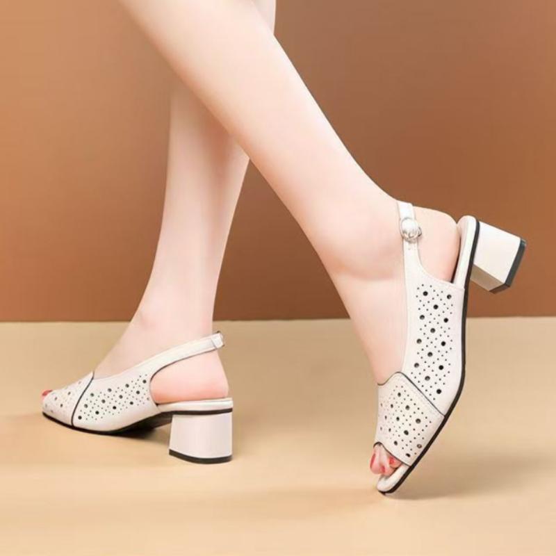 Versatile Thick Heel Fashionable Hollow Fish Mouth Sandals for Women Summer Mid Heel Buckle Sandals