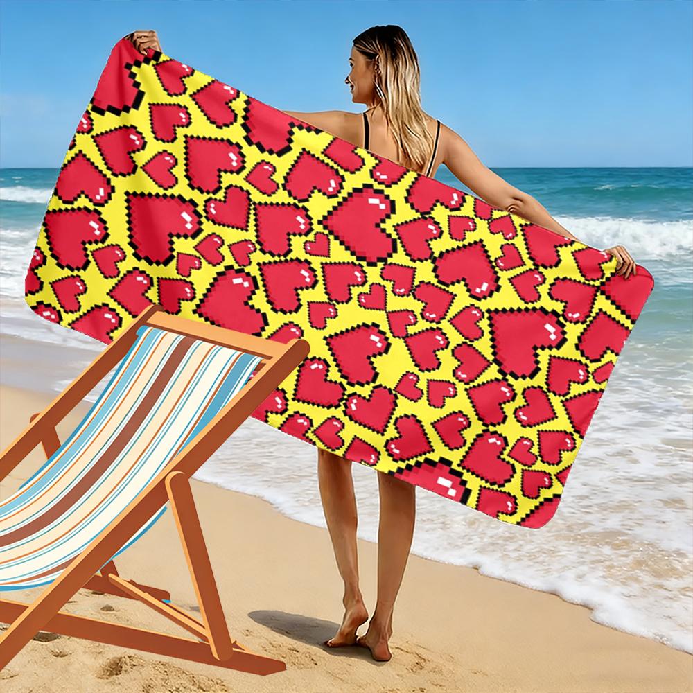 Pixel Red Hearts On Yellow Background Beach Towel Quick-drying for Travel Outdoor Sports Jogging Beach and Swimming