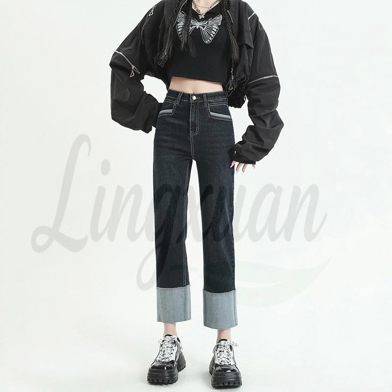 

High-Waisted Rolled-Hem Straight-Leg Jeans for Women, 2026 Spring/Autumn, Spliced, Slimming Designer Cigarette Pants Medium