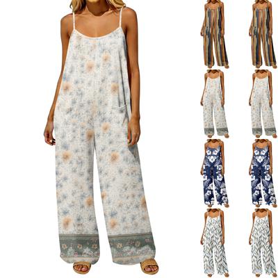 Loose Fit Retro Style Wide Leg Jumpsuit Women Sleeveless Backless Romper with Adjustable Straps and Functional Pockets Casual One Piece