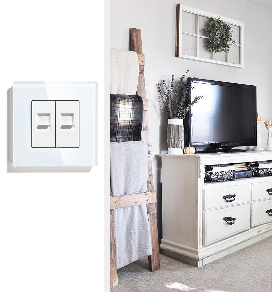 BSEED Dual Internet Sockets CAT6 Wall Socket EU Power Sockets Plus Network PC Data Computer Connecter Outlets Glass Panel