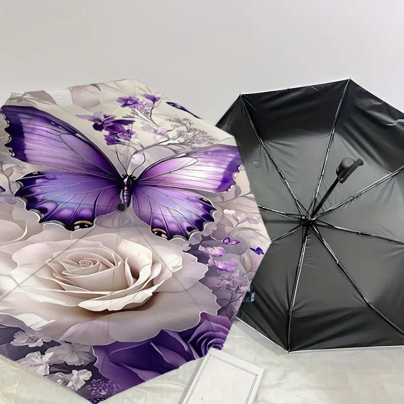 1PC Butterfly Flowers Umbrella-8-Rib Reinforced, Automatic Open, Lightweight & Durable, Fashion Accessory for Outdoor, H0410