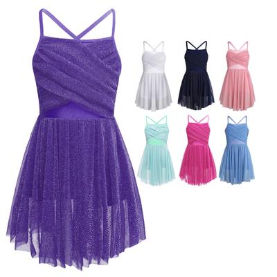 Kids Girls Sequin Spaghetti Shoulder Straps Ballet Dance Mesh Tutu Skirt Lyrical Ballroom Dress