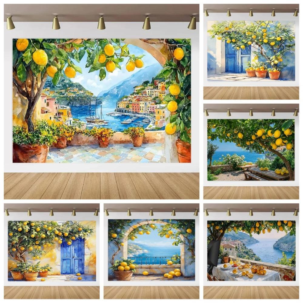 Banner Background with Lemon Tree Harvest Theme and Mediterranean Landscape Garden, Anniversary Room Decoration, Photo Backdrop