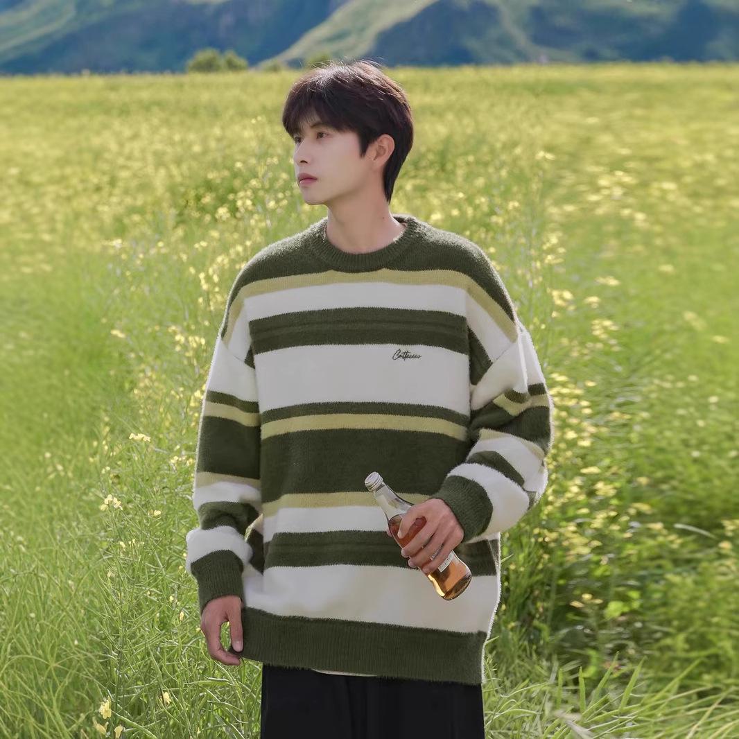 

Japanese Retro Striped Color Block Wool Sweater - Couple Style, Preppy, and Warm for Winter XXL зелений