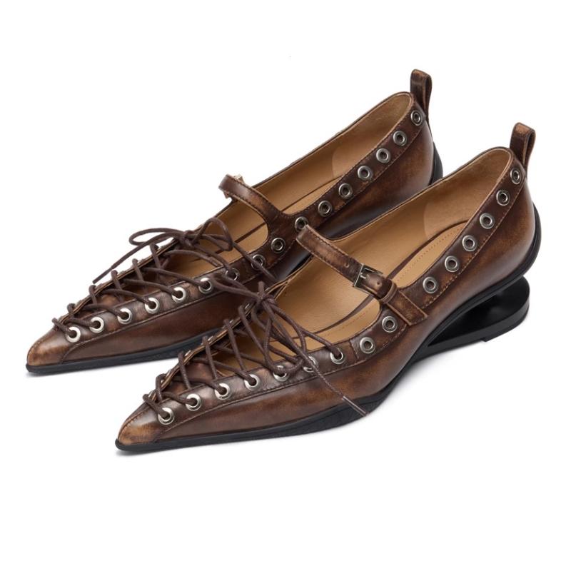 

Fashion Retro Pointed Toe Lace-up Sewing Strange Style Pumps Women Fashion Rivets Buckle Design Office Shoes England Style Zapatos Mujer 35 коричневый