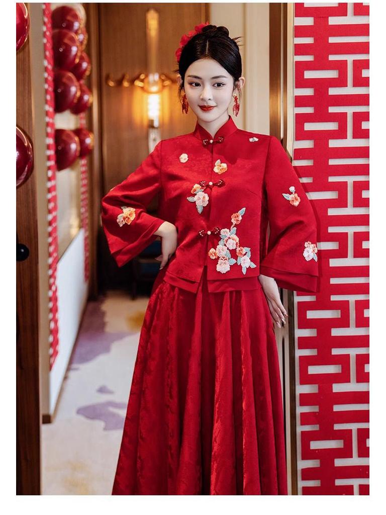 Modern Chinese Wine Red Wedding & Engagement Dress for Women - Bride & Banquet Skirt