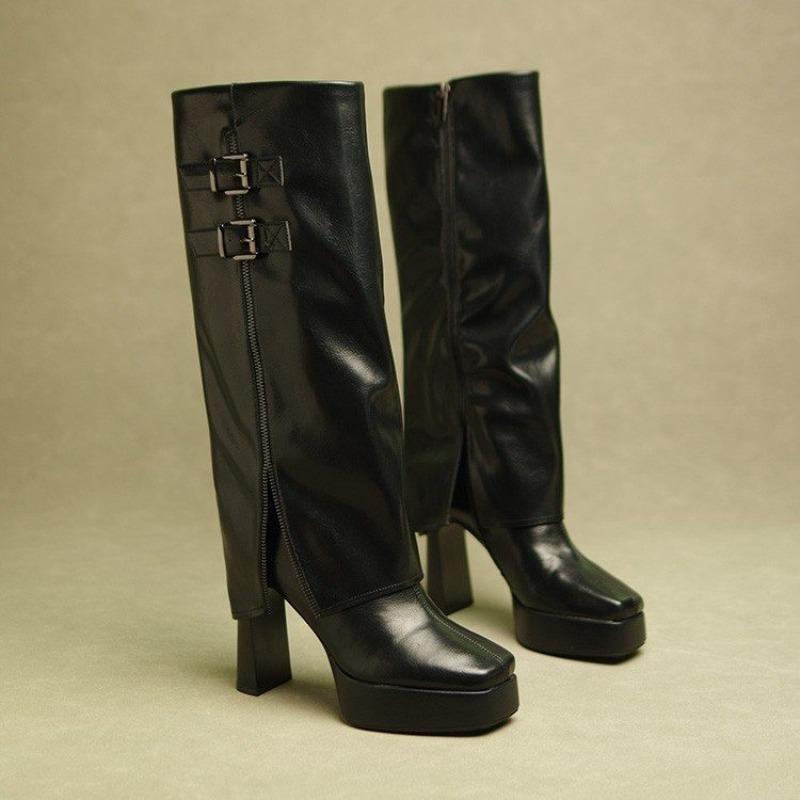 Winter Platform Thick Heel Woman Knight High Boots Fashion Belt Buckle Slip On Shoes Ladies Punk Style Modern Long Botas