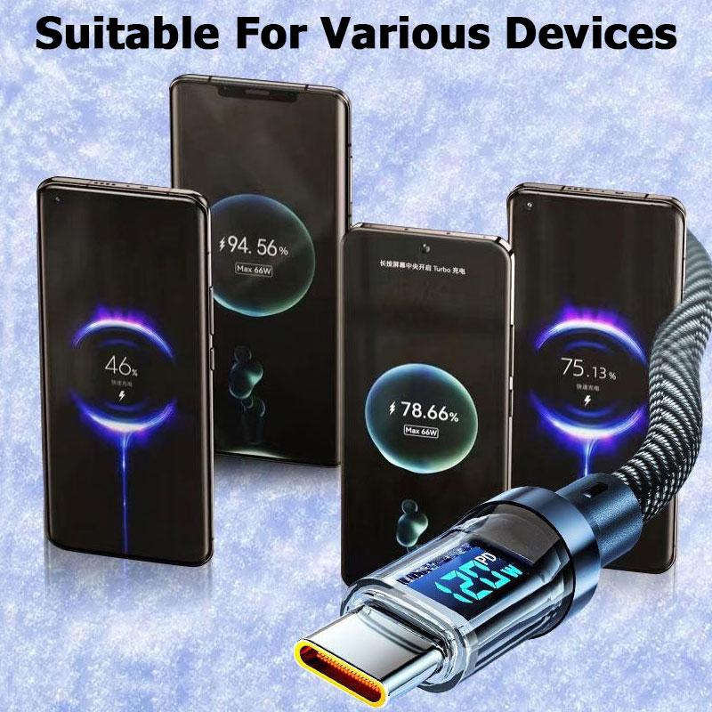 Fast Charging Cable 120W USB to Type C Cable LED Display 100W Type C To Type C Nylon Braided Data Cord for Samsung Xiaomi Huawei