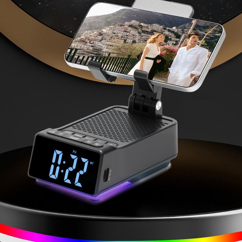 7-in-1 Cell Phone Stand Adjustable Foldable Wireless Bluetooth Speaker & Alarm Clock Tabletop USB drive player Colorful night light