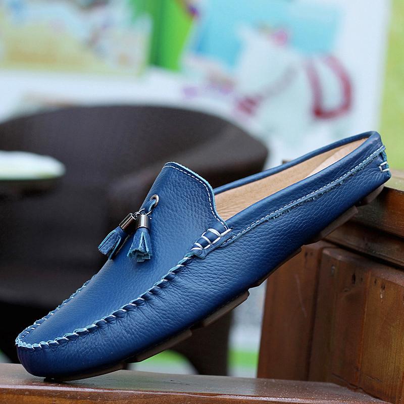 Summer Slippers Men's Shoes Casual Genuine Leather Half Shoes Slip On Loafers Men Breathable Tassel Driving Flats Man Moccasins