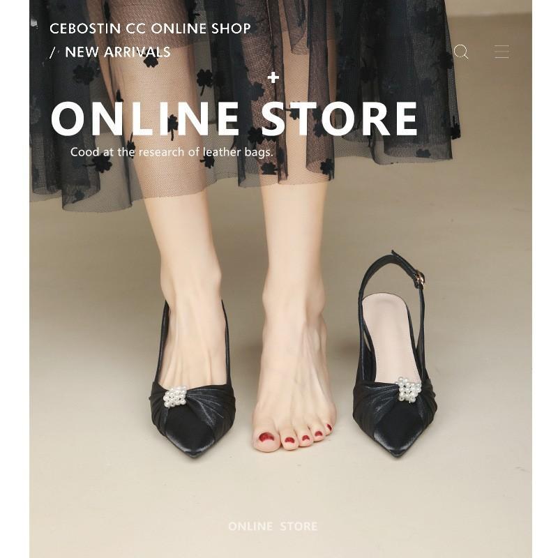 

Niche French small heel single shoes sandals female summer fairy style skirt middle heel pointed head bag head white stiletto high heels 39 чорний