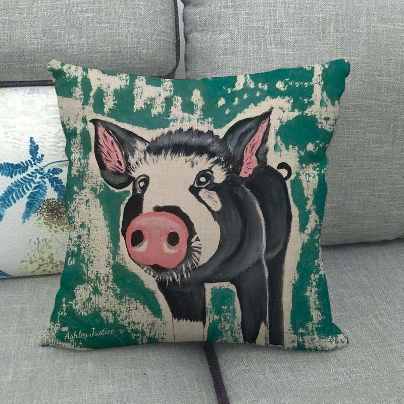 Retro Bemalte Schweine-Serie Muster Digitaldruck Kurzer Plüsch Kissenbezüge für Auto Sofa Büro Kissenbezug Heimtextilien