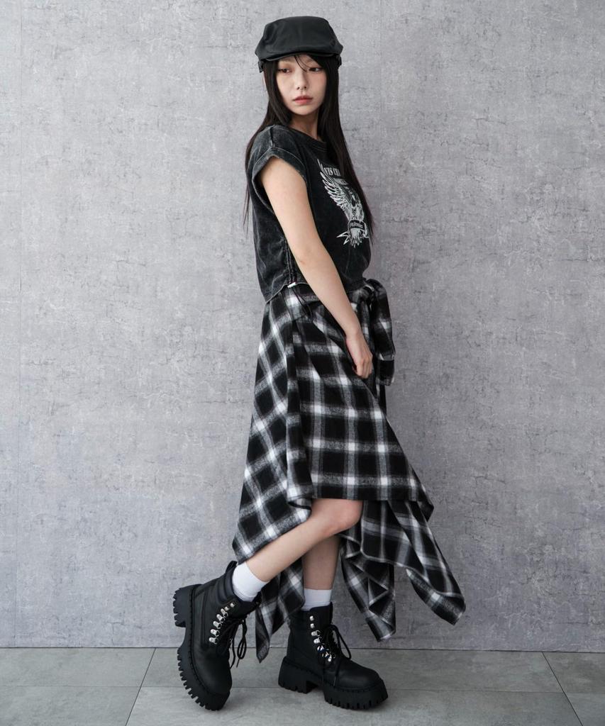 WEGO Irregular Hem Long Checkered Korean Size Black Women's Flannel-Like Skirt, Skirt, Fall/Winter Outfit, Streetwear, Casual, Style, Gift, F,