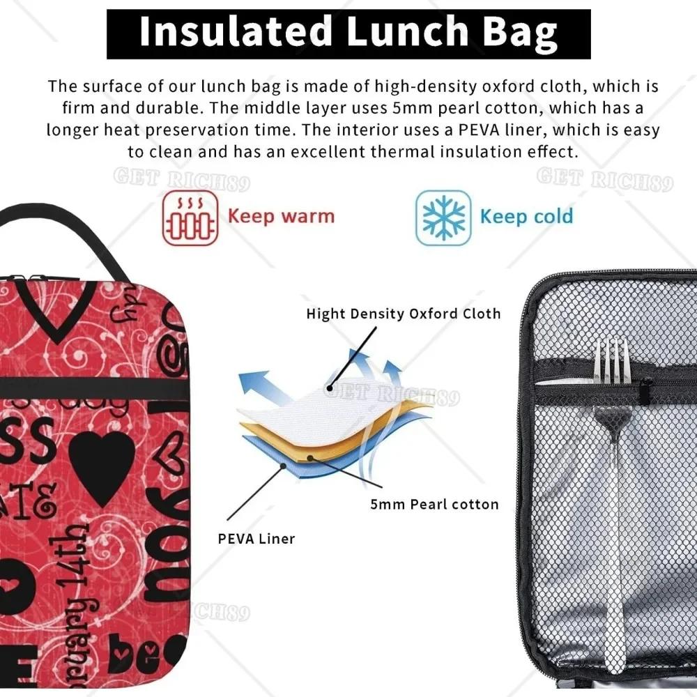 Bedruckte Valentinstag-Lunchtasche mit Seitentasche für Frauen Liebesherzen Isolierte Box Thermische Mahlzeitentrage für Arbeit Picknick Büro