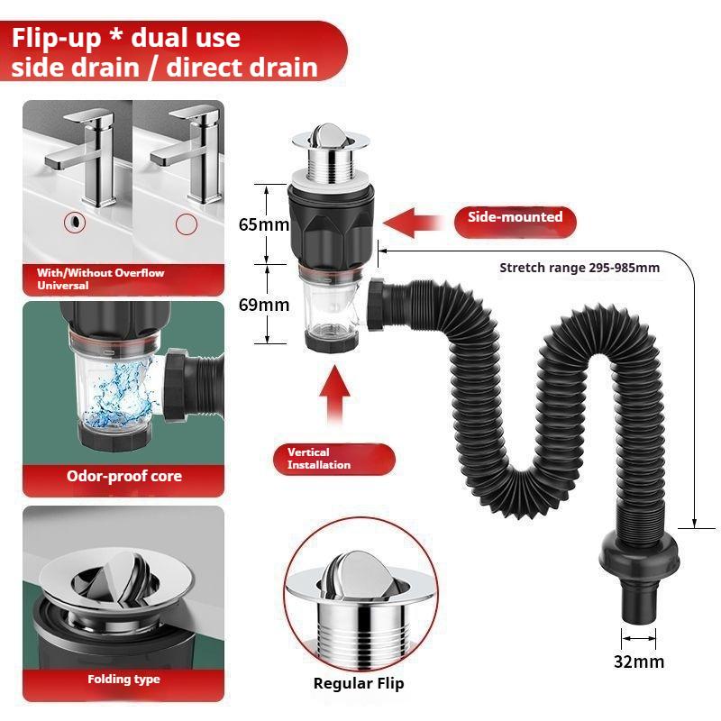 Complete set of anti-odor sealed drain pipe fittings for washbasins bathroom sink pop-up drain pipes, and basin drainers