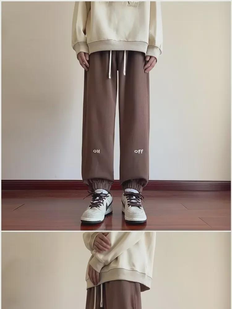 Men's Hong Kong Style Embroidered Velvet Sweatpants: Loose-Fit Casual Pants for Autumn/Winter Fashion Trend.