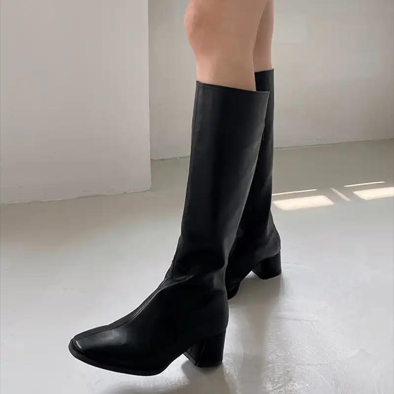 Street Style Fyrkantig Klack Kvinnor Knähöga Stövlar Höst Vinter Mjukt Läder Damer Smala Koncisa Långa Damstövlar