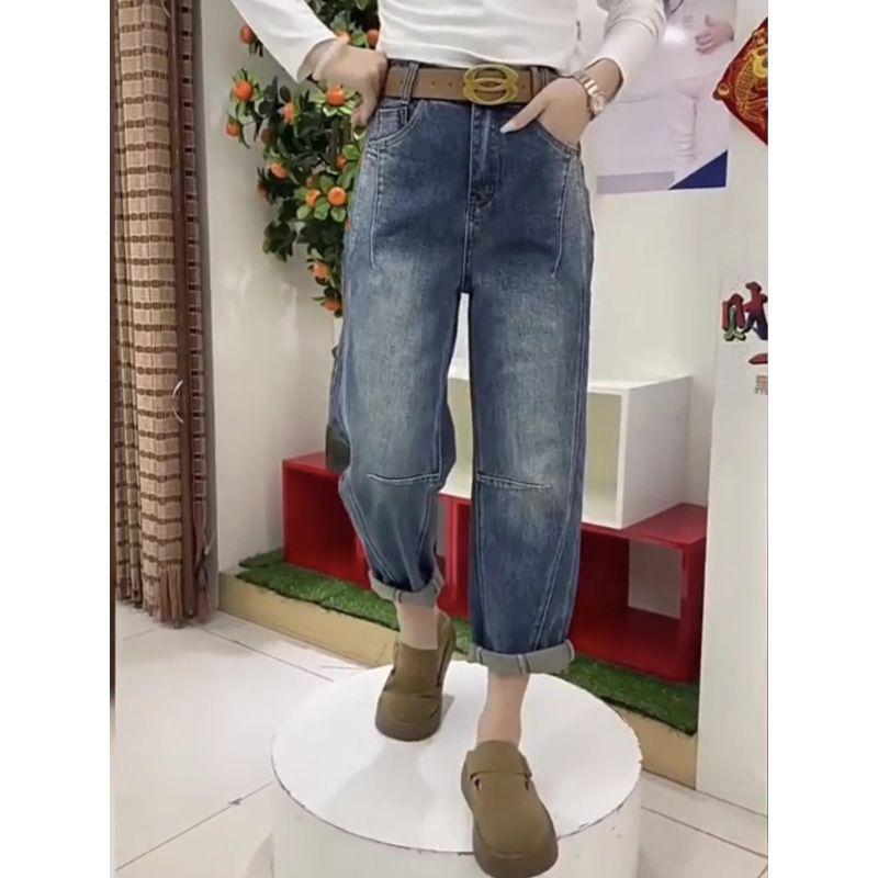 Plus Size Women's High-Waisted Loose Fit Curved Jeans for Pear-Shaped Body – Autumn Slim Nine-Point Dad Pants