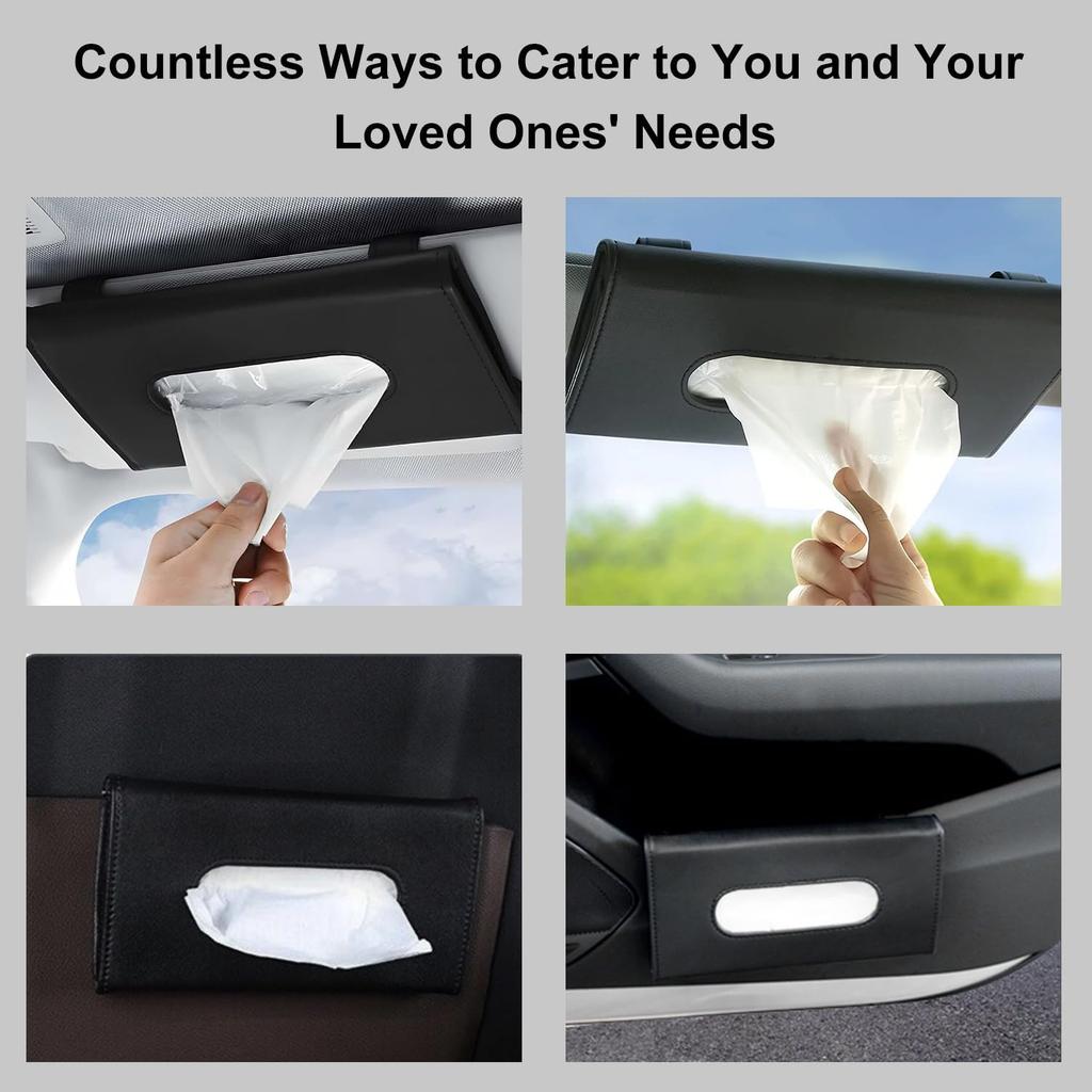 Tissue Holder In Car—PU Leather Car Napkin Holder, Car Kleenex Holder For Visor & Backseat, Easy To Use (Black)