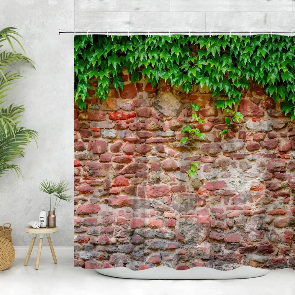 Brick Wall Shower Curtain Vintage Vines Spring Greenery Nature Scenery Leave Farm Flower Polyester Fabric Bathroom Decor Curtain