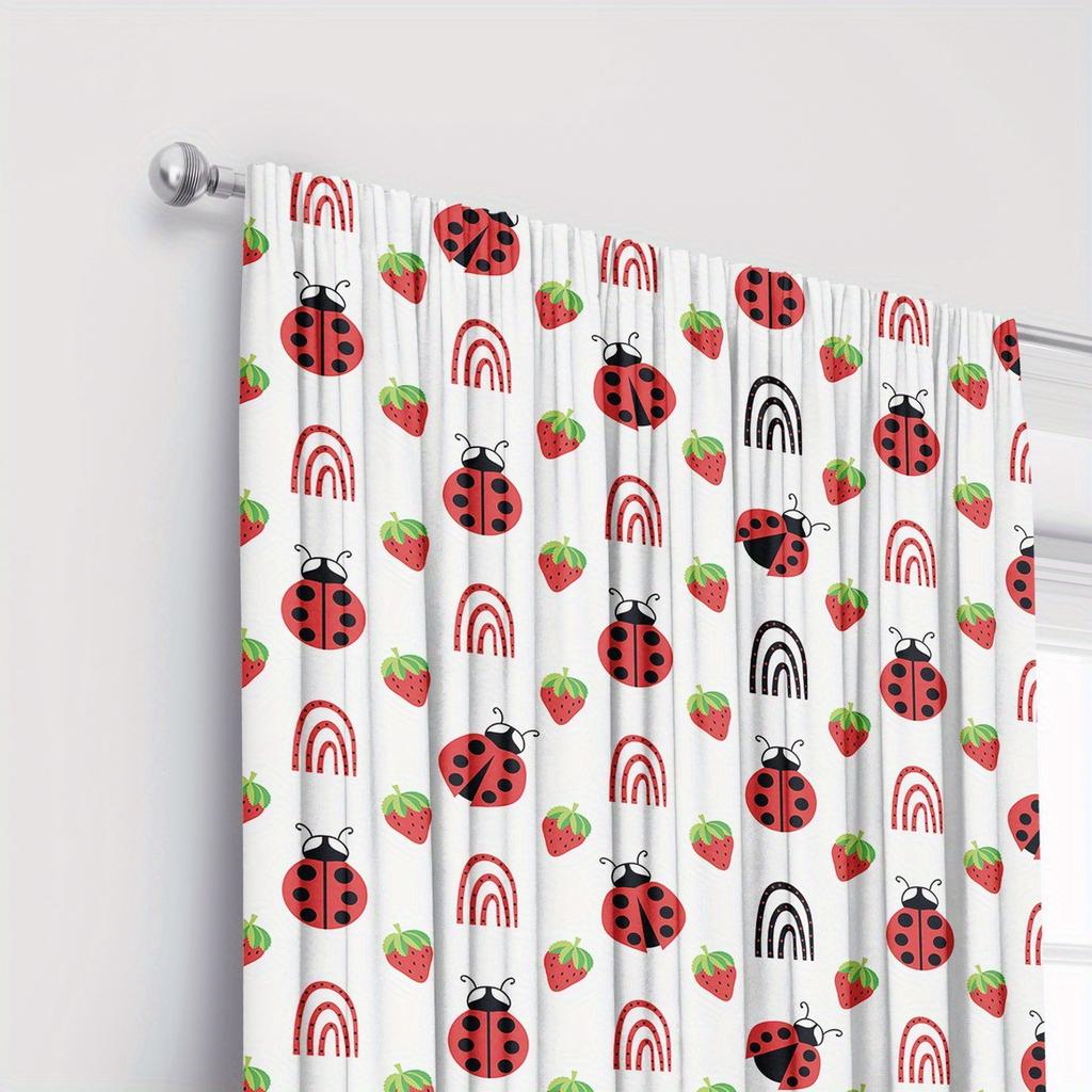 2pc Cute Ladybug and Strawberry Curtains, Polyester Fabric, Machine Washable, Suitable for Bedroom and Living Room Decoration