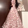 Atemberaubendes französisches Campanula Rosa Blumen Chiffon Sommerkleid - Super Feenhaft Langer Stil