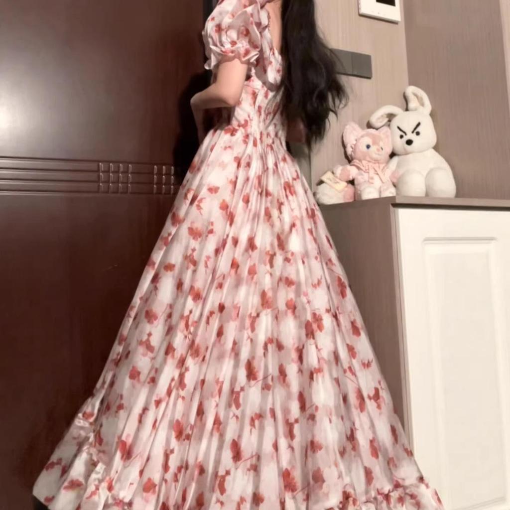 Atemberaubendes französisches Campanula Rosa Blumen Chiffon Sommerkleid - Super Feenhaft Langer Stil