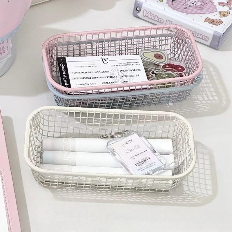 4pcs Cream Iron Wire Storage Basket Set Kawaii Desk Organizer Photo Prop Decoration Stationery Cosmetics Organizer Shelf Baskets
