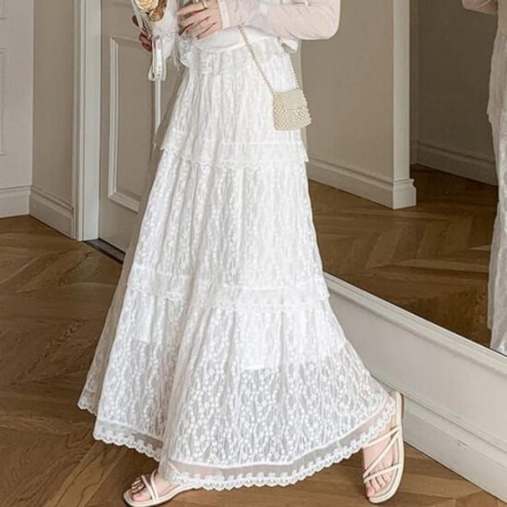 Navava Women Romantic Lace Banding Long Skirt Ns444