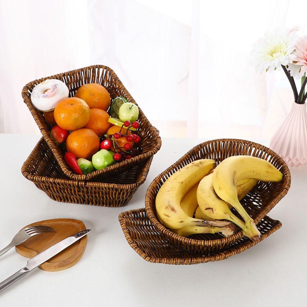 1Pcs Round Rectangular Shape Storage Tray Breakfast Bread Food Plastic Rattan Threads Basket