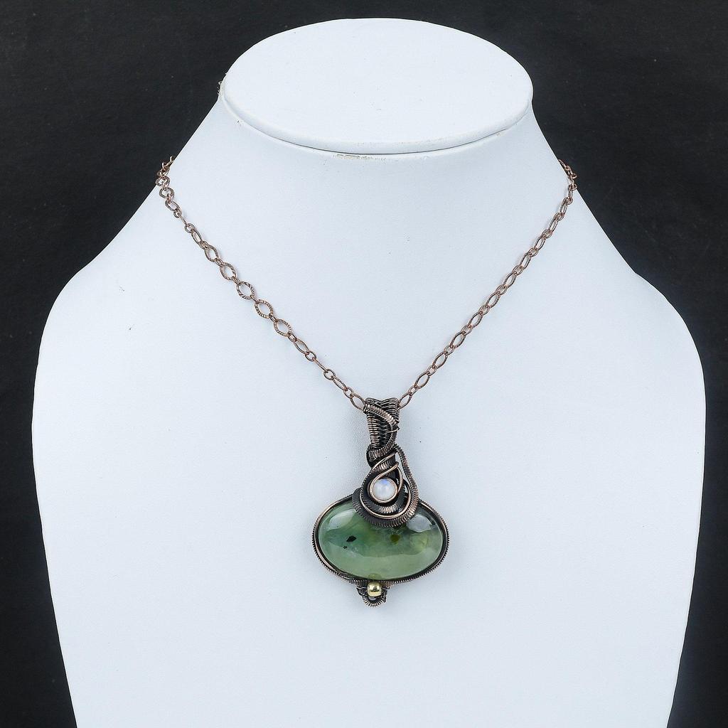 Moss Prehnite Pendant Copper Wire Wrapped Gemstone Pendant Handmade Wire Wrap Jewelry For Gift Rainbow Moonstone Pendant Jewelry For Women